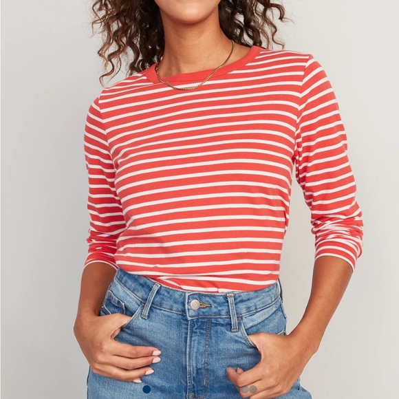 NWT OLD NAVY Long-Sleeve EveryWear Striped T-Shirt Color: RED AND WHITE STRIP - Picture 1 of 6